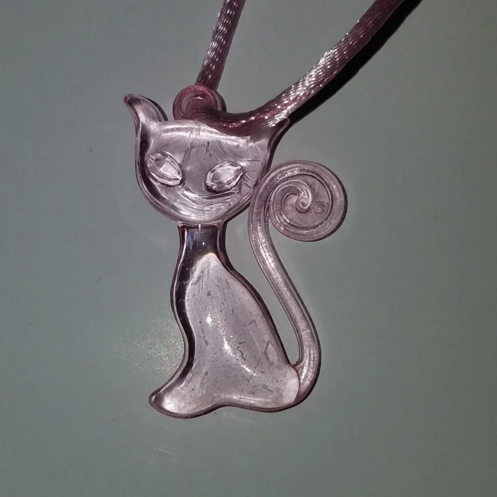 Kitty Cat Girl Child Jewelry Lot Tan Plush Pin Pink Plastic Necklace Burlap Bag
